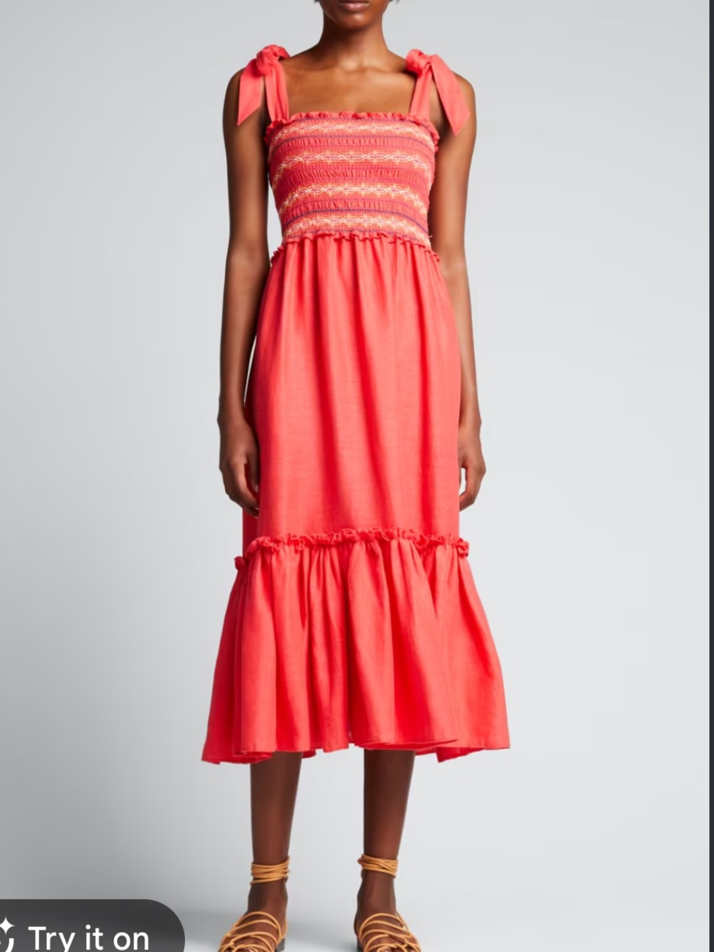 Cara Cara Coral Pink Smocked Jenny Smocked Midi Dress m medium coral